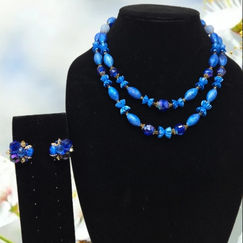 Vintage Costume Jewelry Necklace-Clip On Earrings Made In West Germany Blue Gold